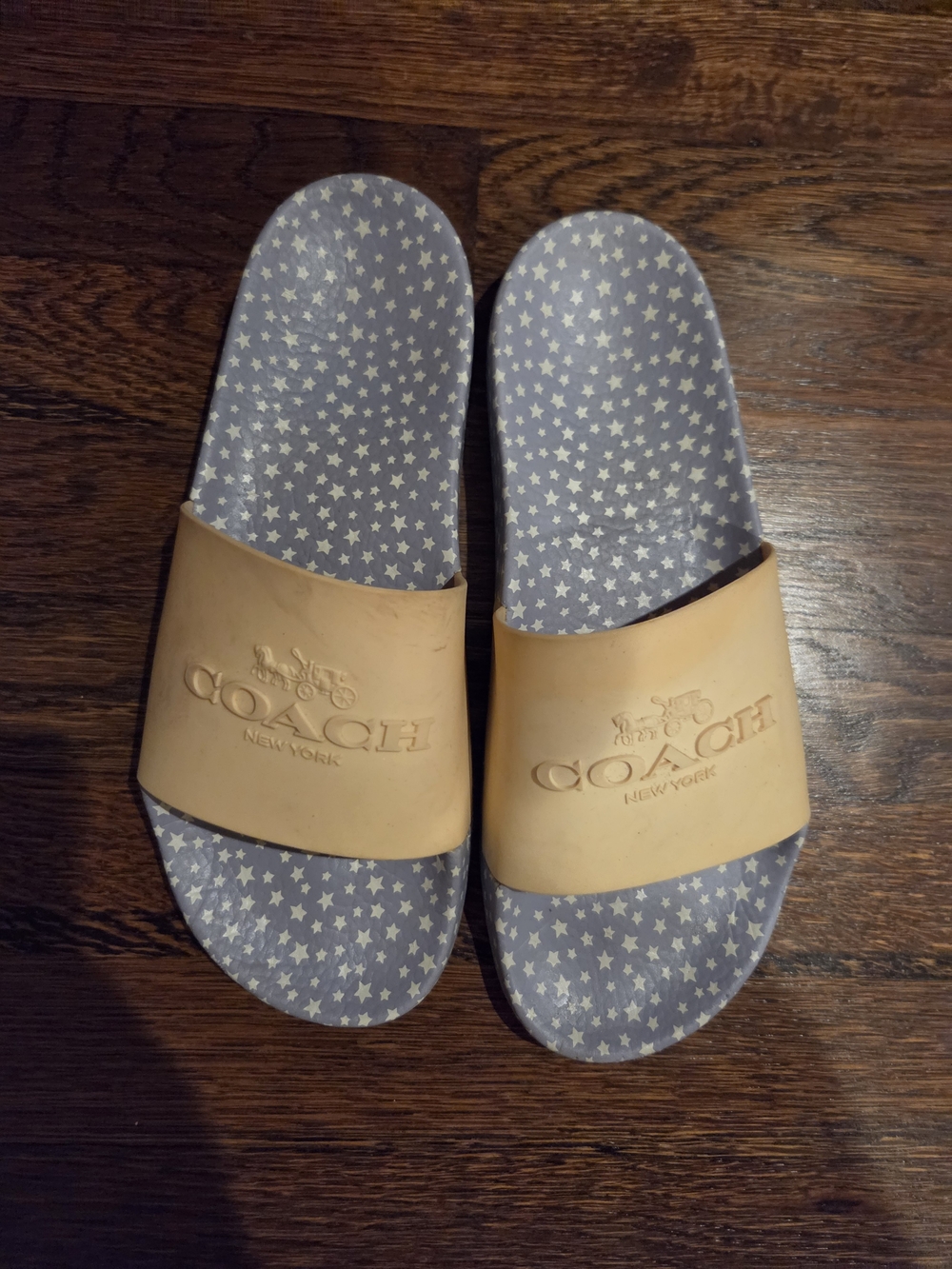 COACH Beige Logo Strap Slide Sandals with Light Blue Star Footbed